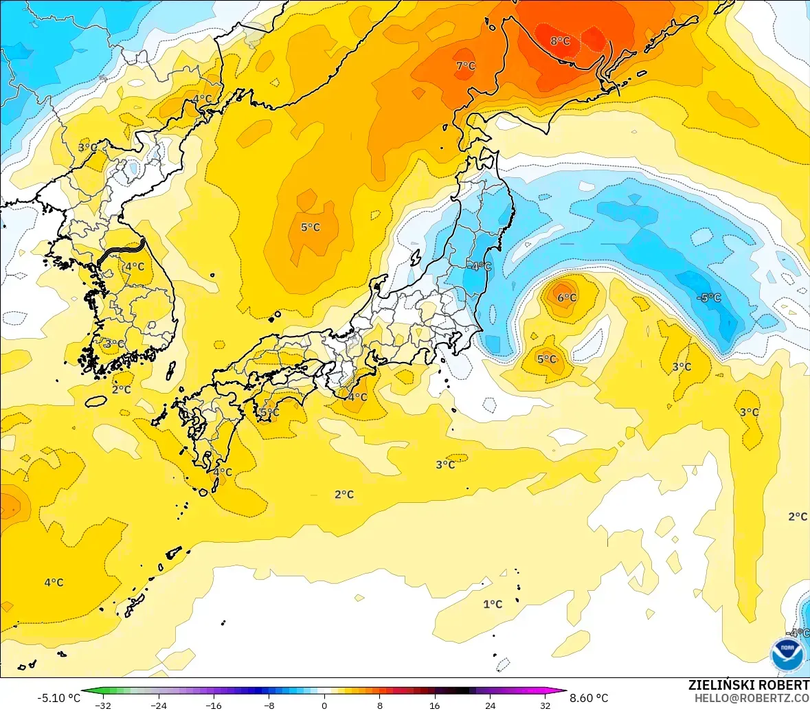 GFS model - Japan, Temperature at 850hPa Anomaly