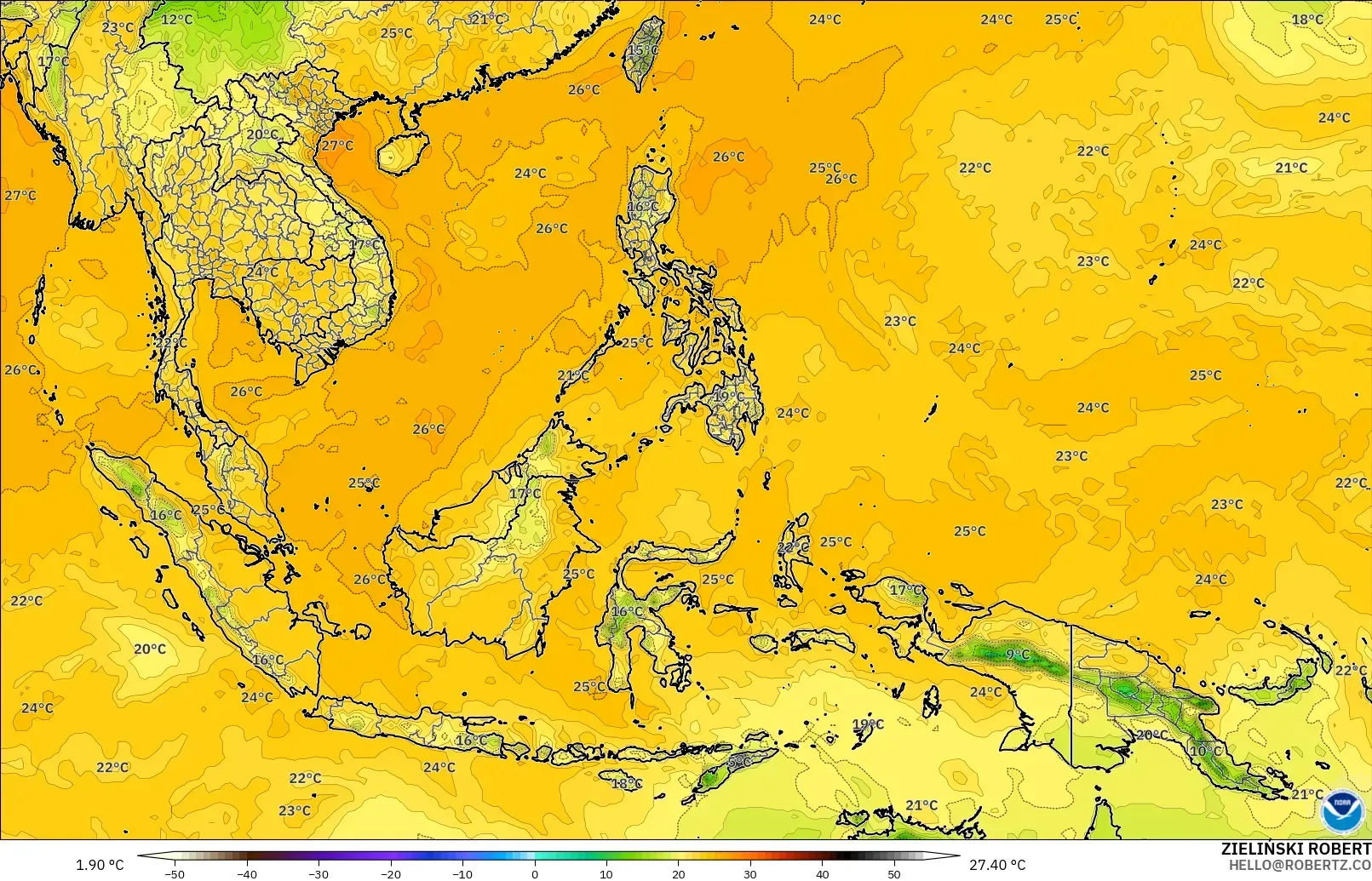 GFS model - South East Asia, Dewpoint at 2m