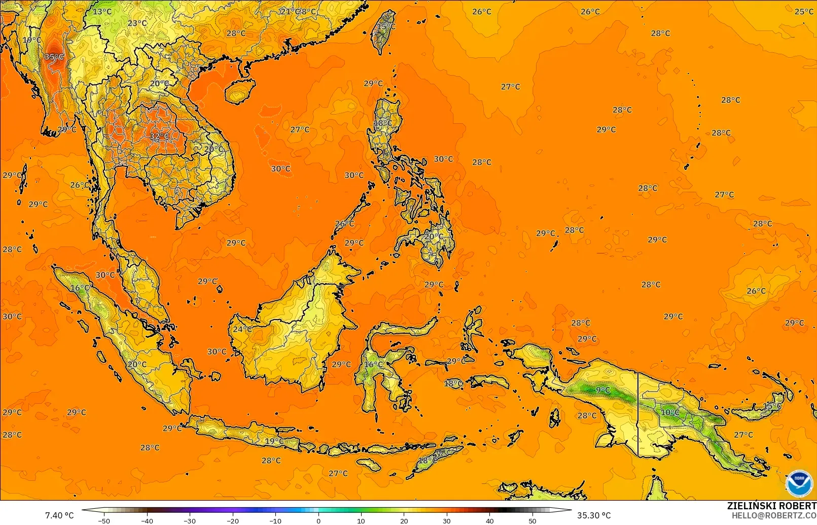 GFS model - South East Asia, Temperature at 2m