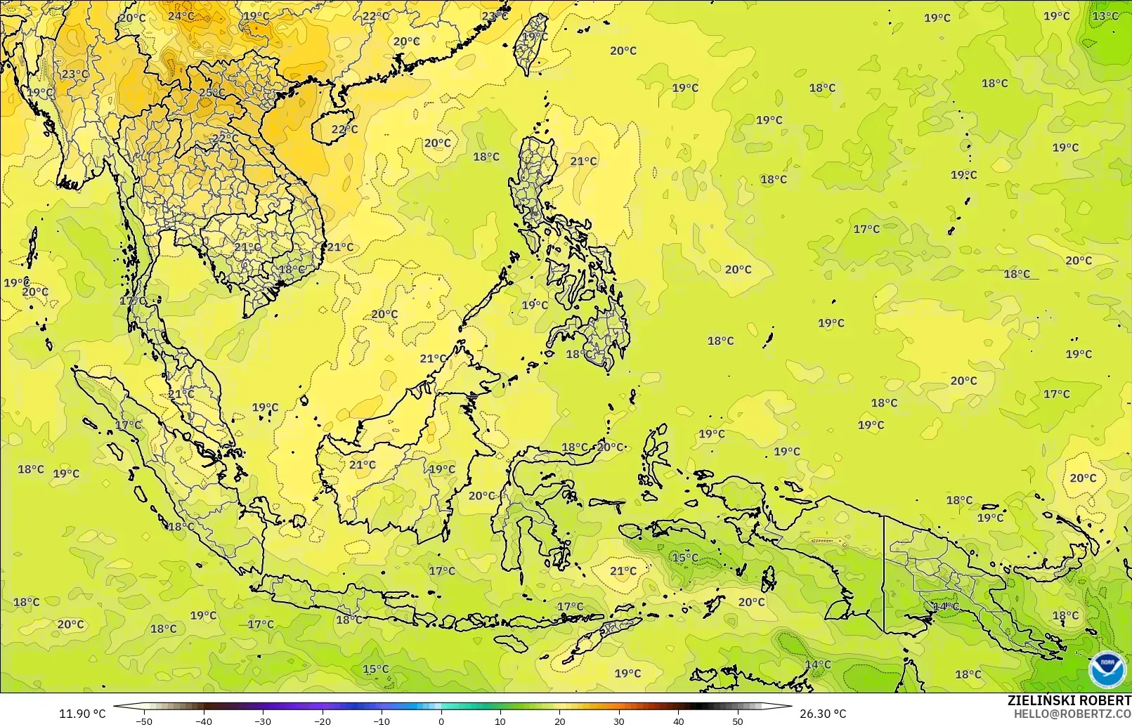 GFS model - South East Asia, Temperature at 850hPa