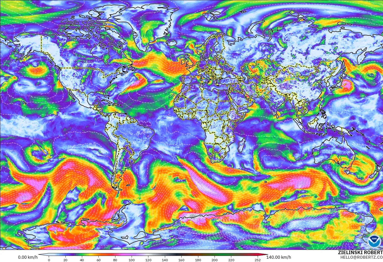 GFS model - World, Wind Gusts