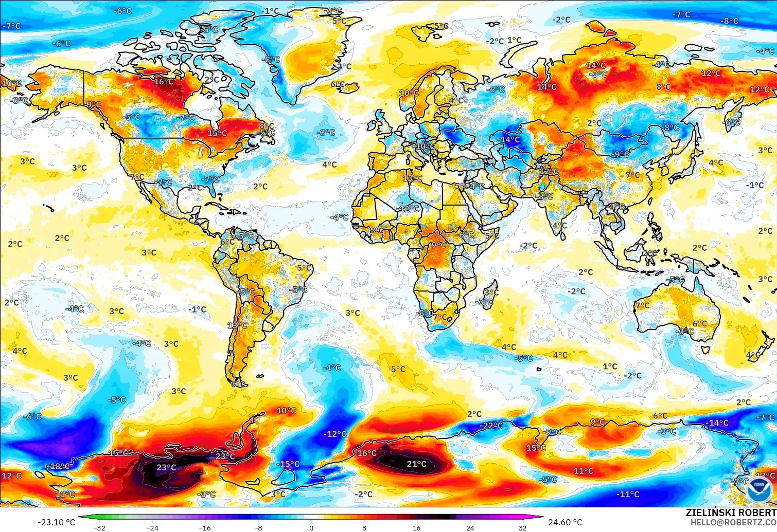 GFS model - World, Temperature at 2m Anomaly
