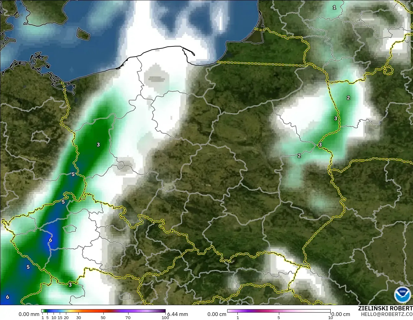 GFS model - Poland, Precipitation, Clouds, and Pressure