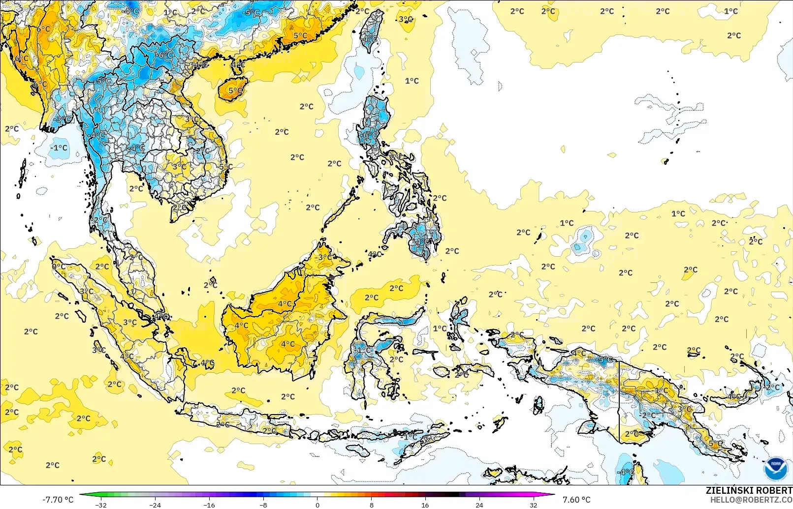 GFS model - South East Asia, Temperature at 2m Anomaly