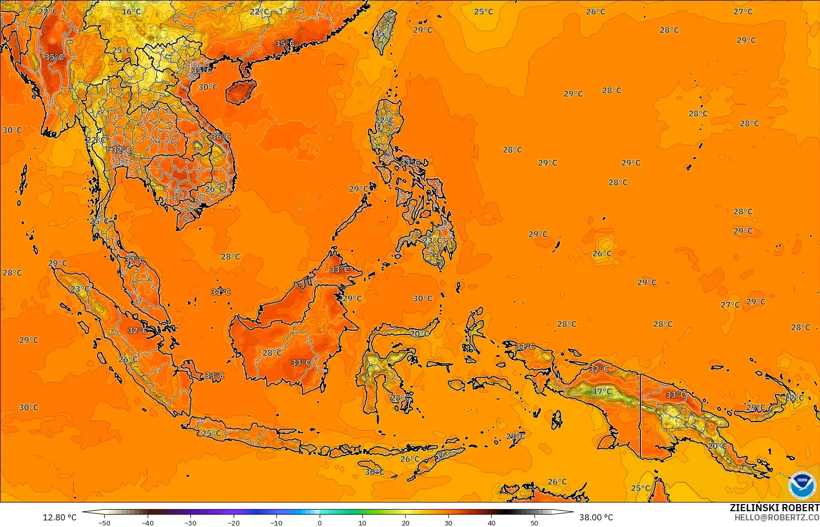 GFS model - South East Asia, Temperature at 2m