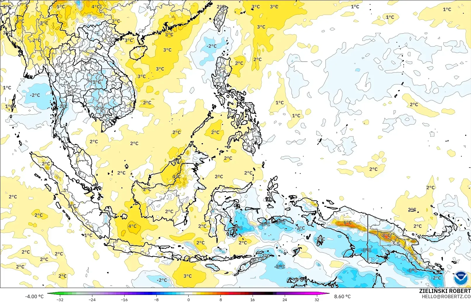 GFS model - South East Asia, Temperature at 850hPa Anomaly