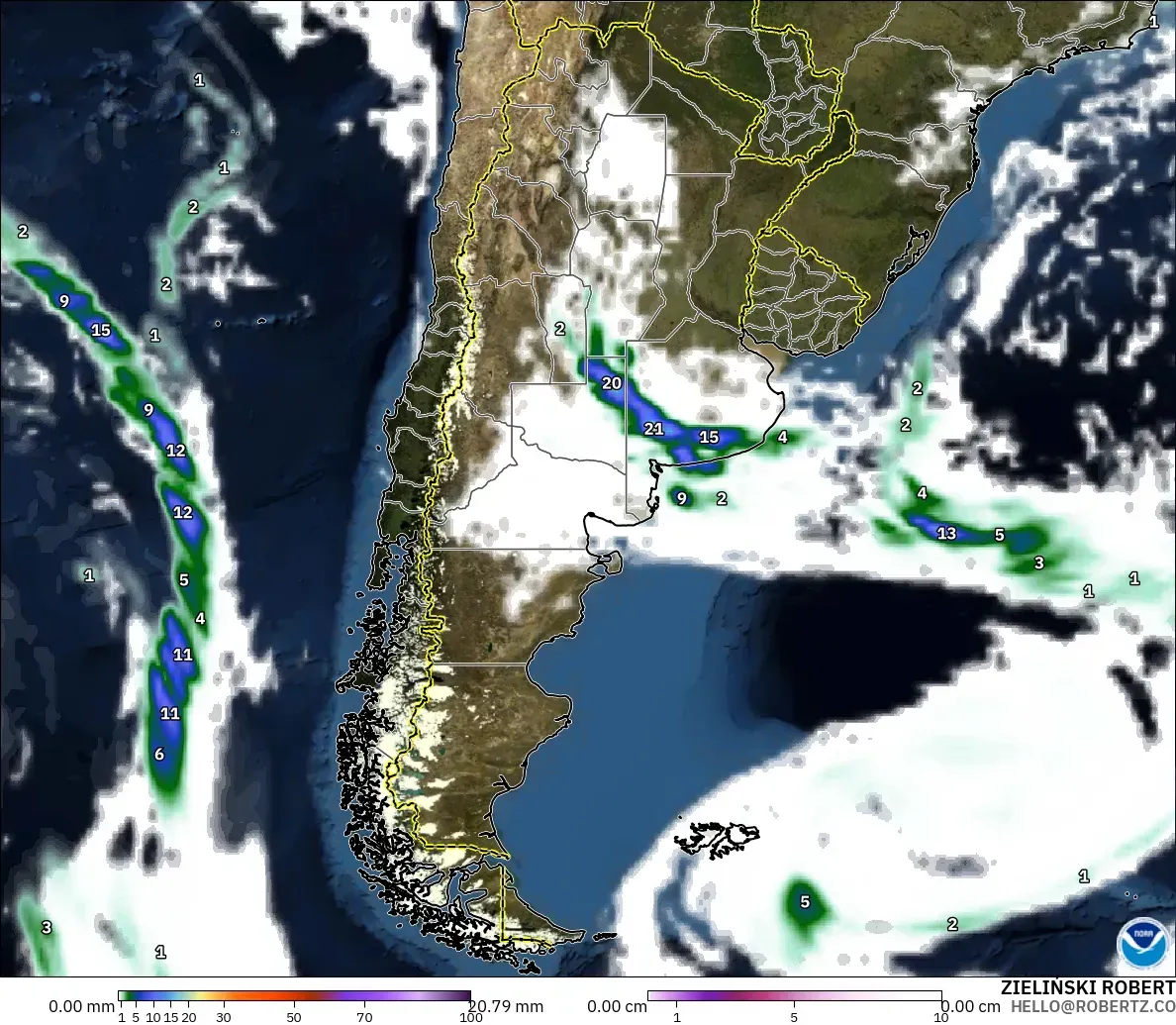 GFS model - Argentina, Precipitation, Clouds, and Pressure