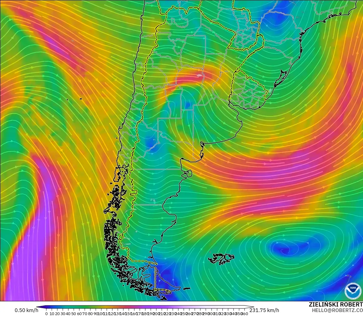 GFS model - Argentina, Wind at 300hPa (jet stream)