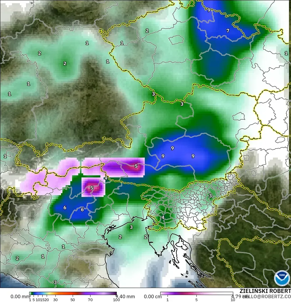GFS model - Austria, Precipitation, Clouds, and Pressure