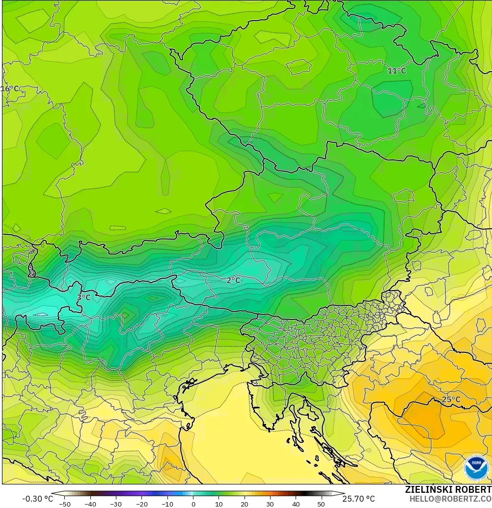 GFS model - Austria, Temperature at 2m