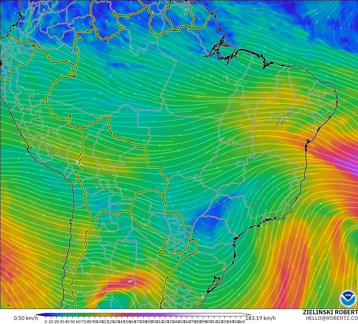 GFS model - Brazil, Wind at 300hPa (jet stream)