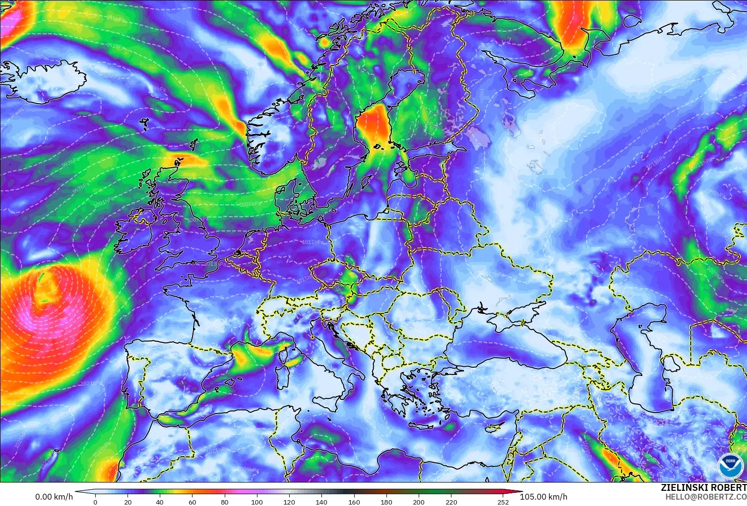 GFS model - Europe, Wind Gusts
