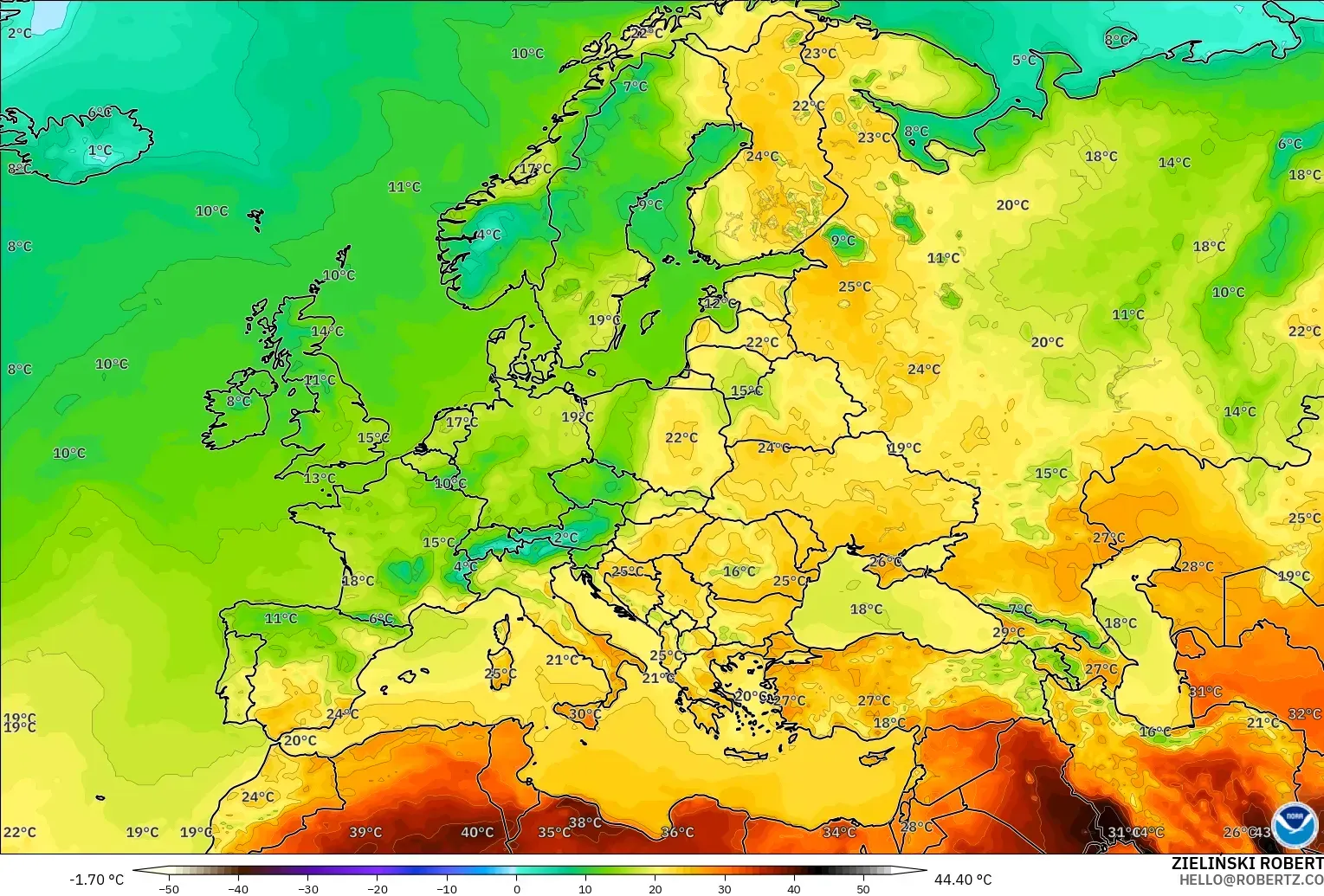 GFS model - Europe, Temperature at 2m