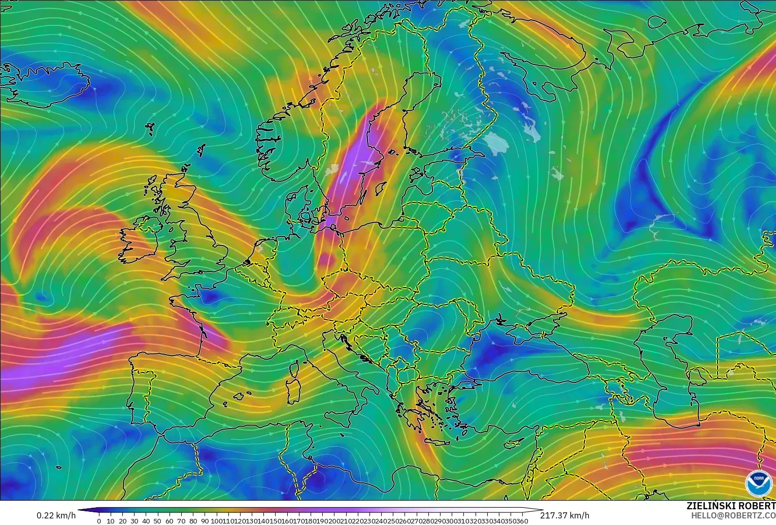GFS model - Europe, Wind at 300hPa (jet stream)