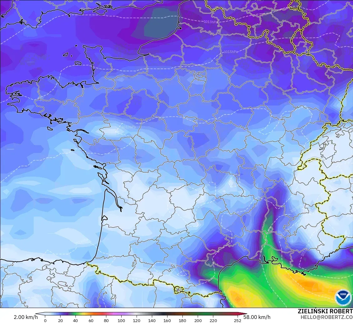 GFS model - France, Wind Gusts