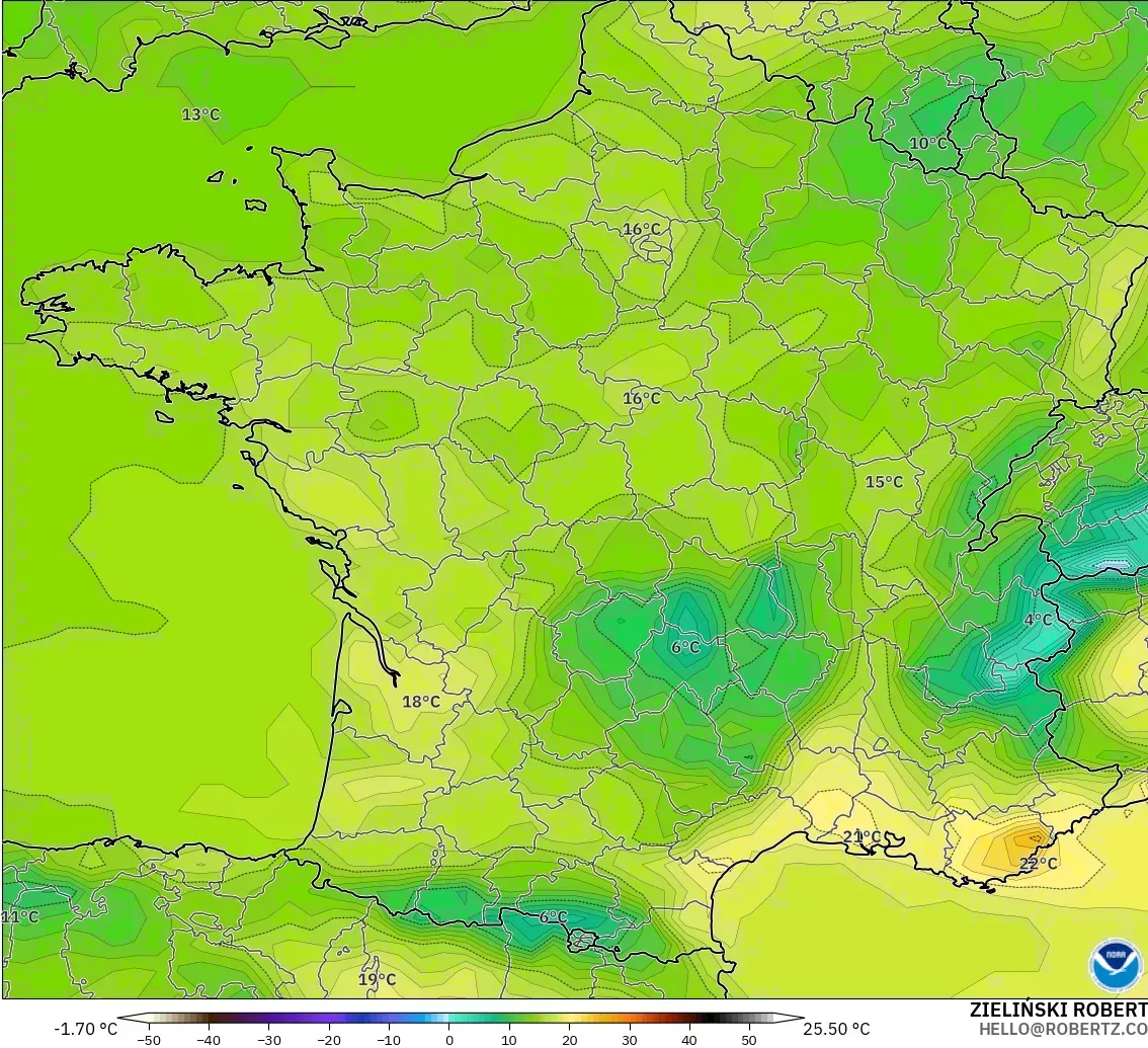 GFS model - France, Temperature at 2m