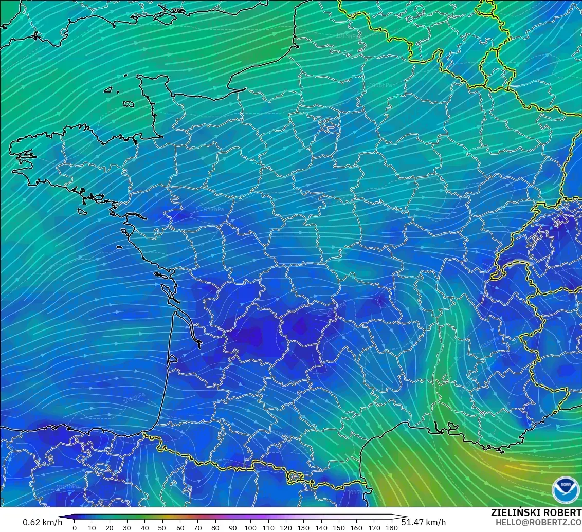 GFS model - France, Wind at 10m