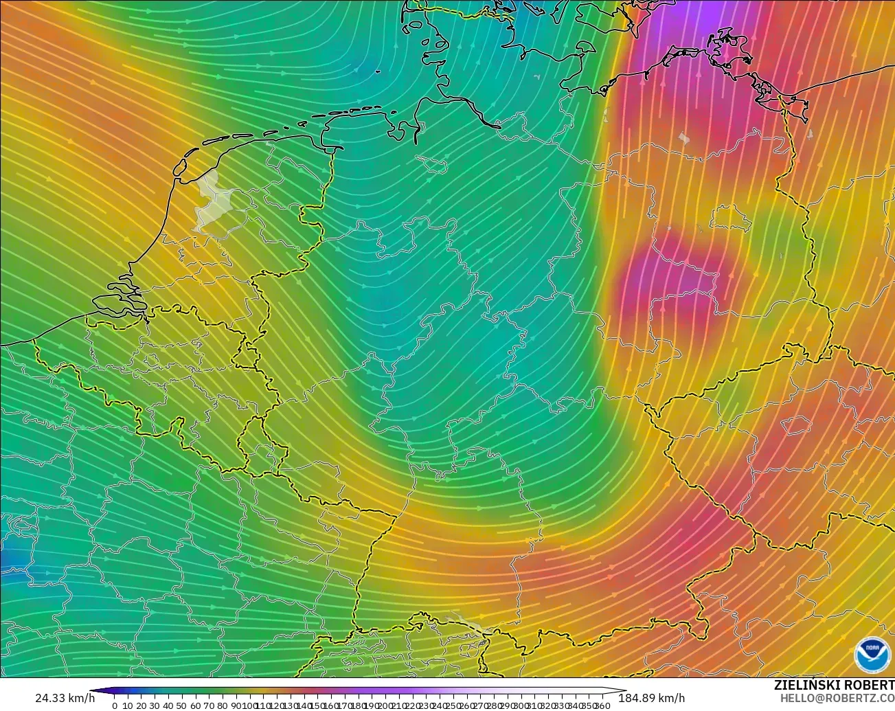 GFS model - Germany, Wind at 300hPa (jet stream)