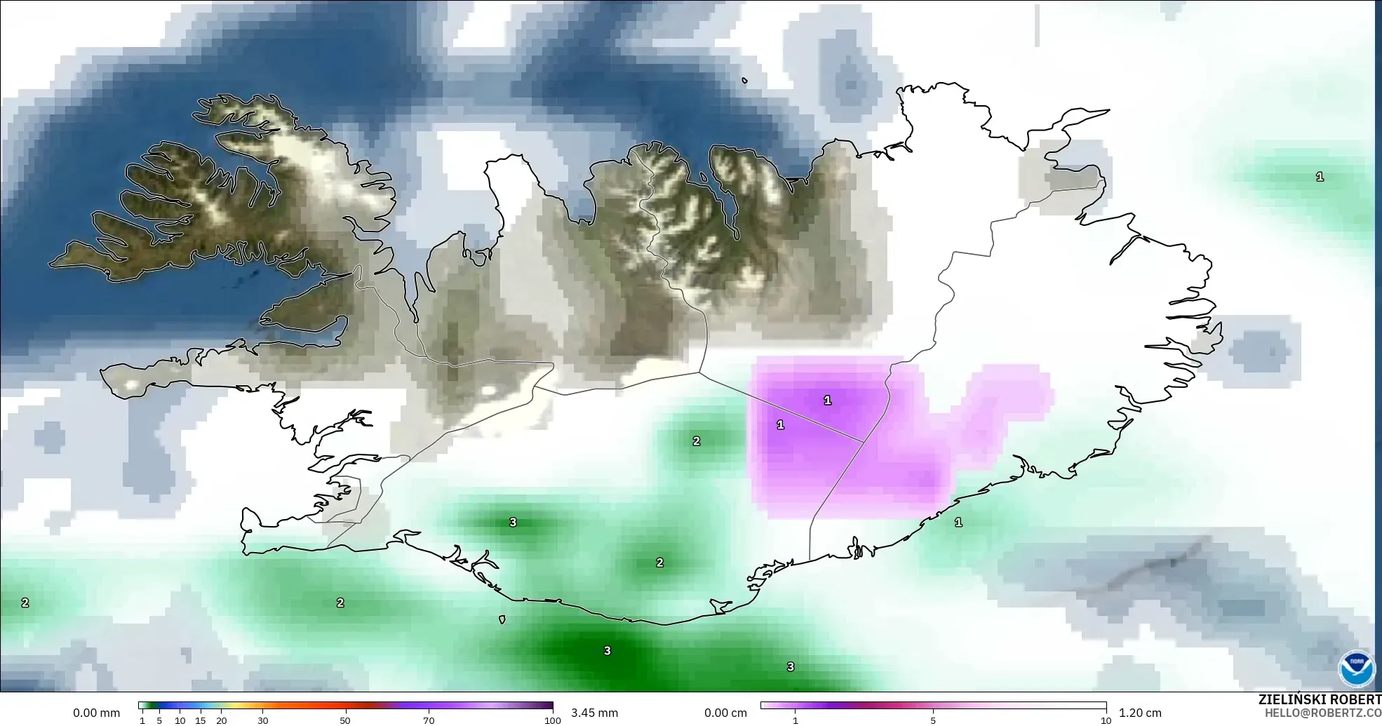 GFS model - Iceland, Precipitation, Clouds, and Pressure