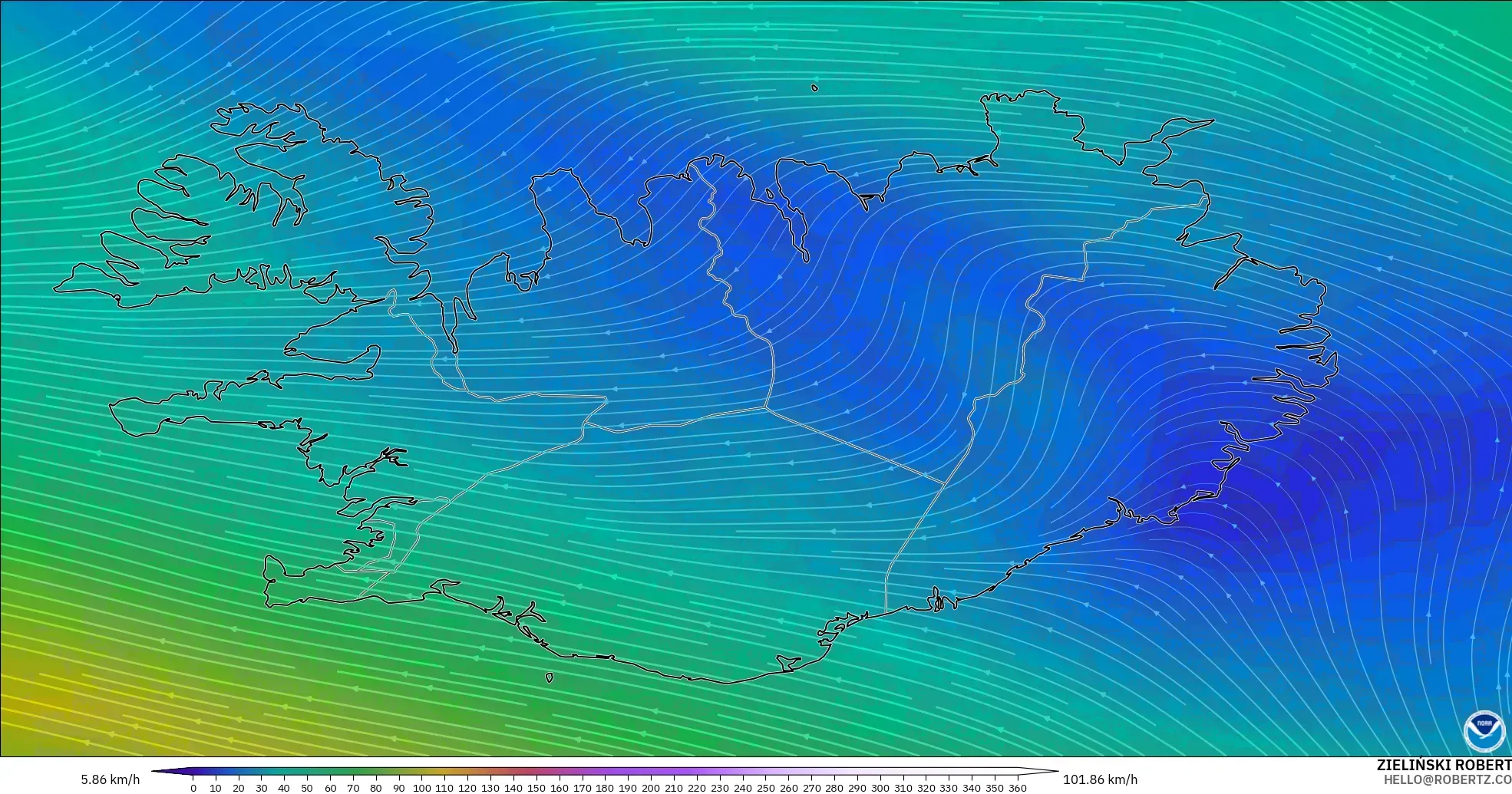 GFS model - Iceland, Wind at 300hPa (jet stream)