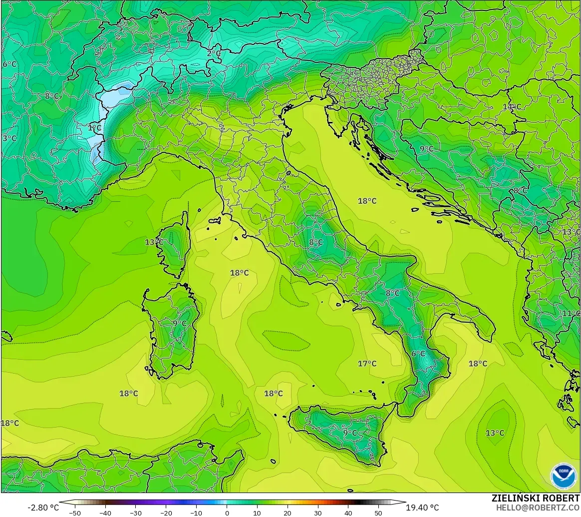 GFS model - Italy, Dewpoint at 2m