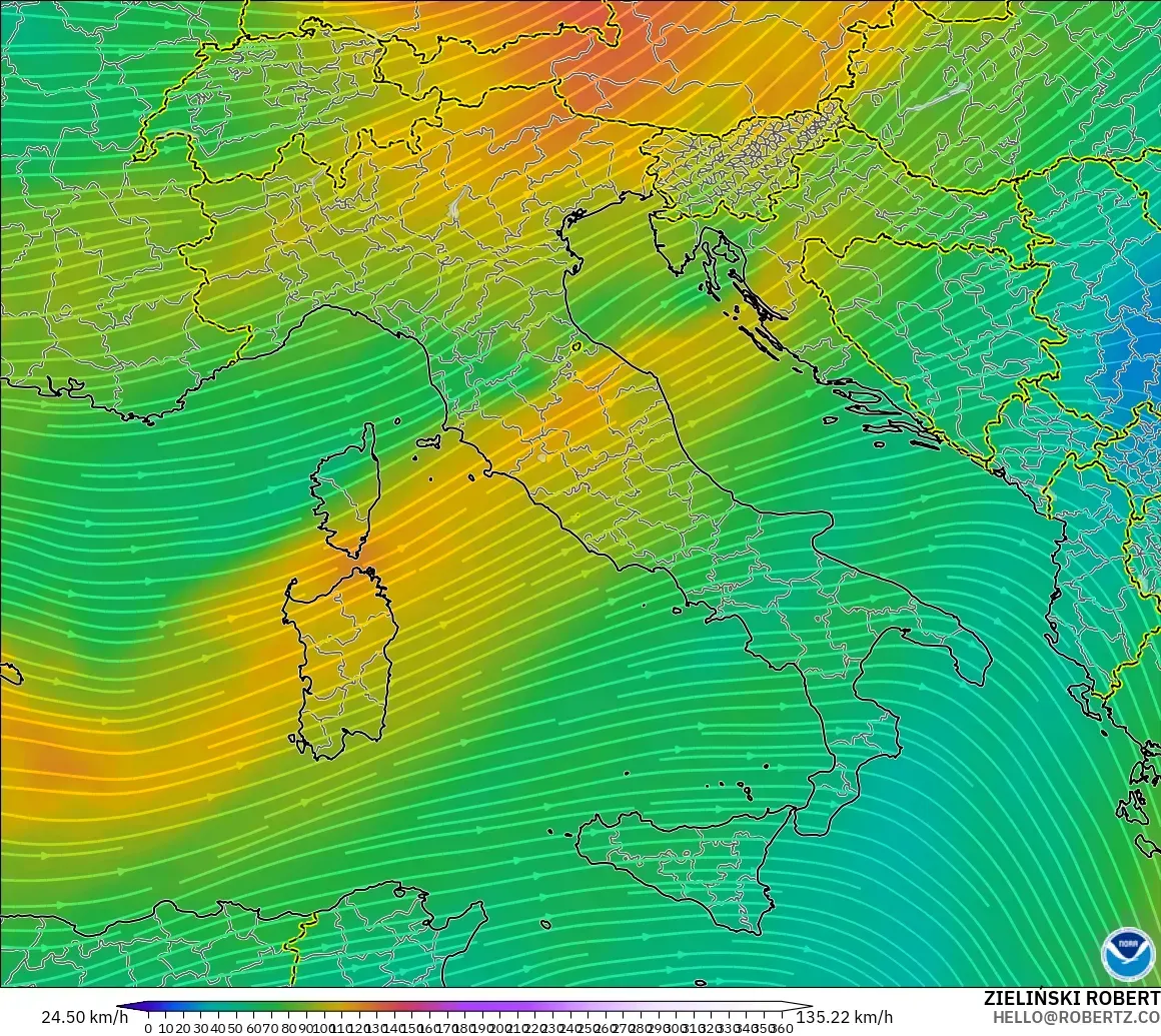 GFS model - Italy, Wind at 300hPa (jet stream)