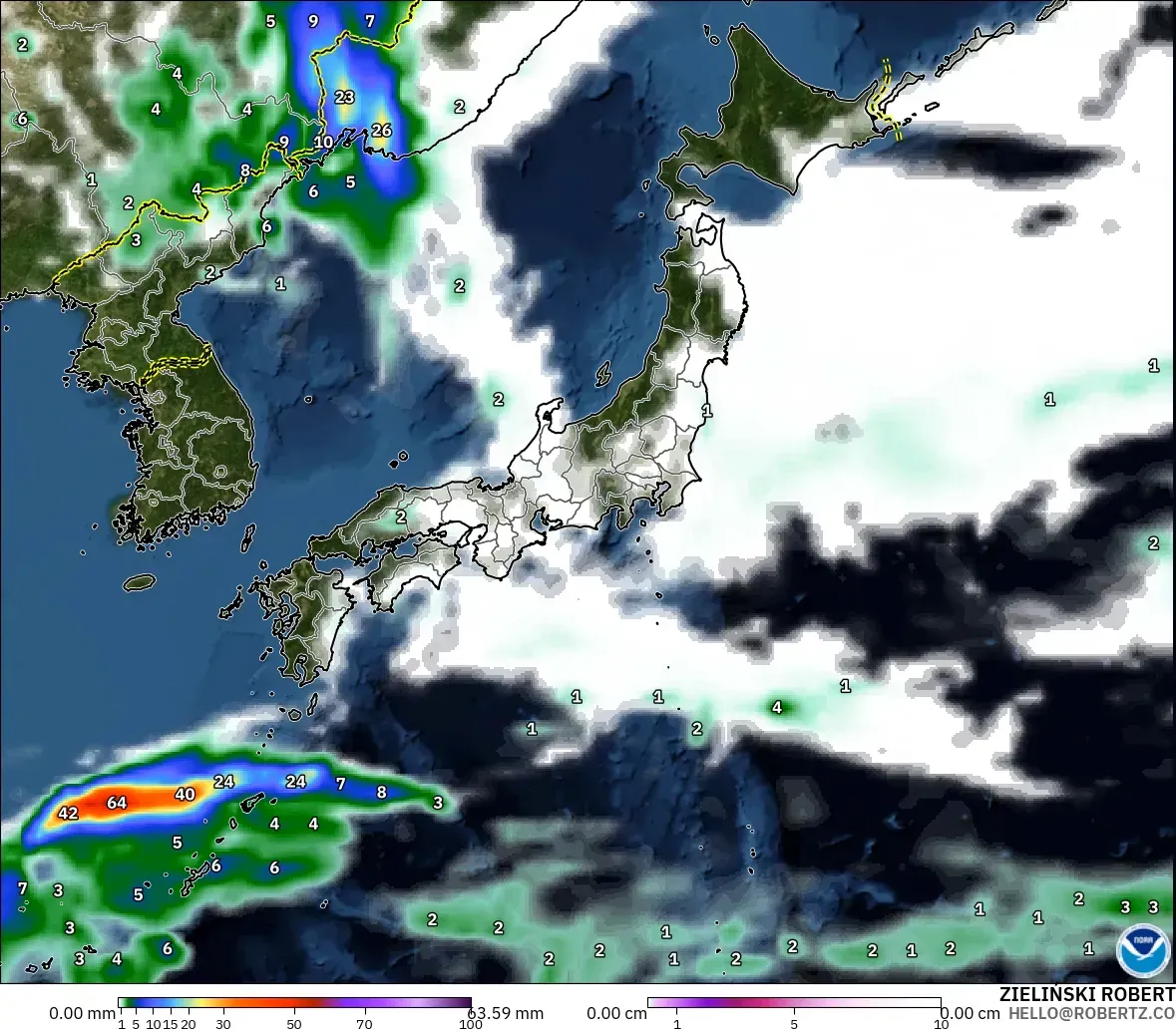 GFS model - Japan, Precipitation, Clouds, and Pressure