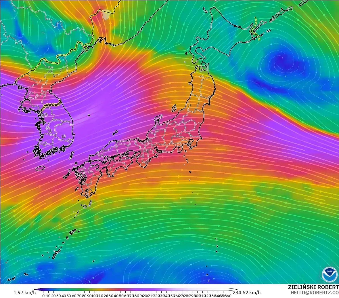 GFS model - Japan, Wind at 300hPa (jet stream)