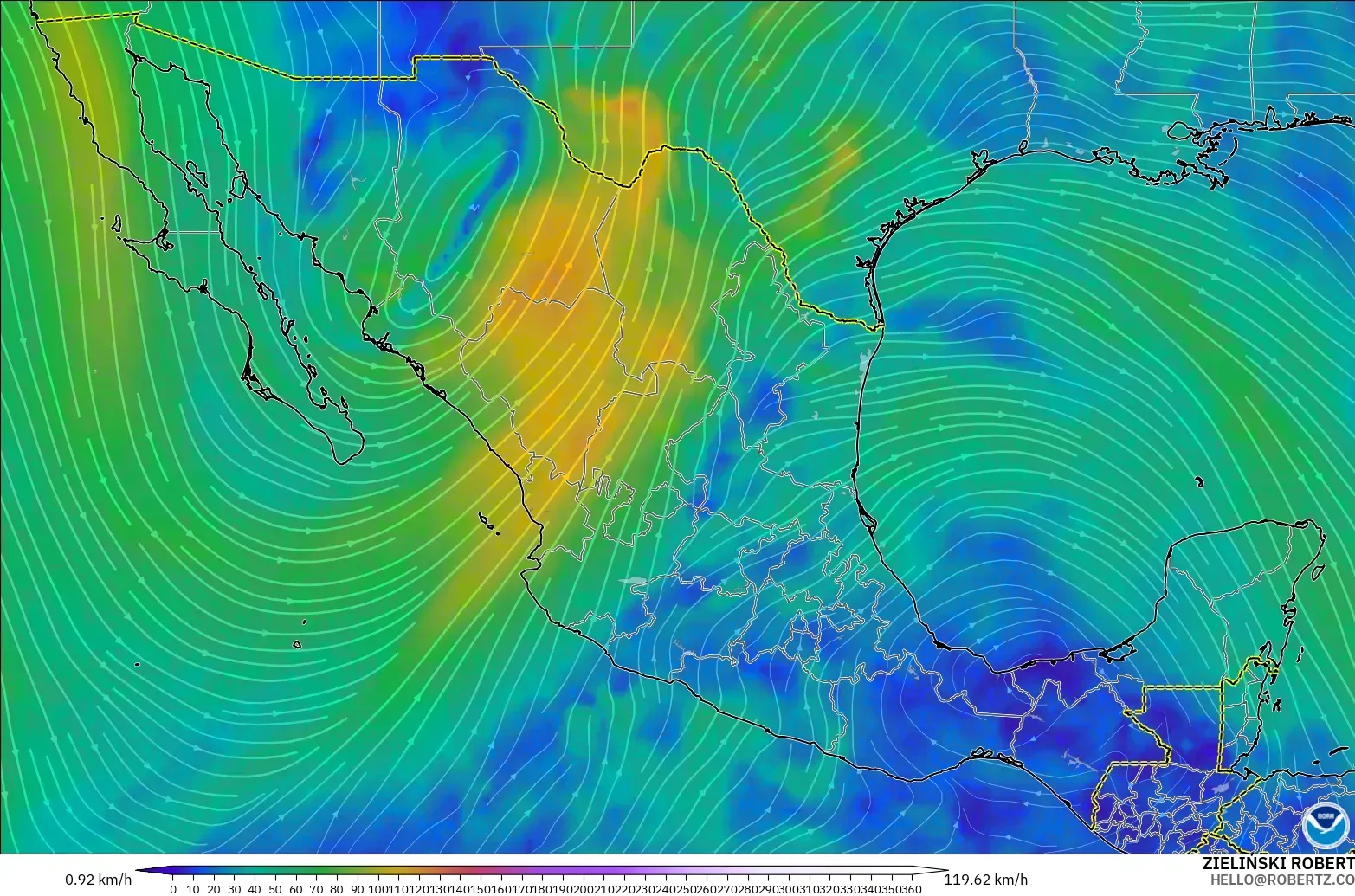 GFS model - Mexico, Wind at 300hPa (jet stream)