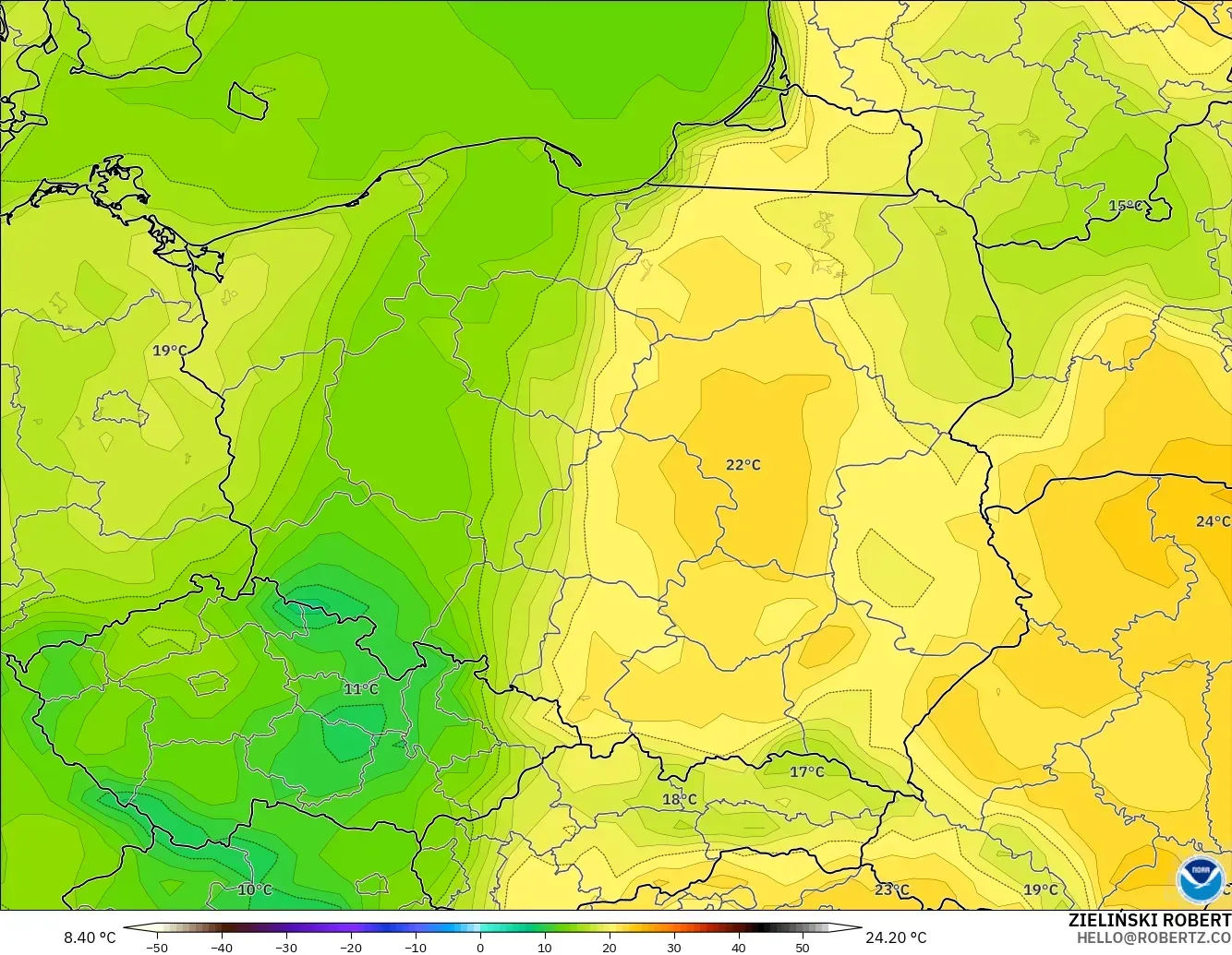 GFS model - Poland, Temperature at 2m