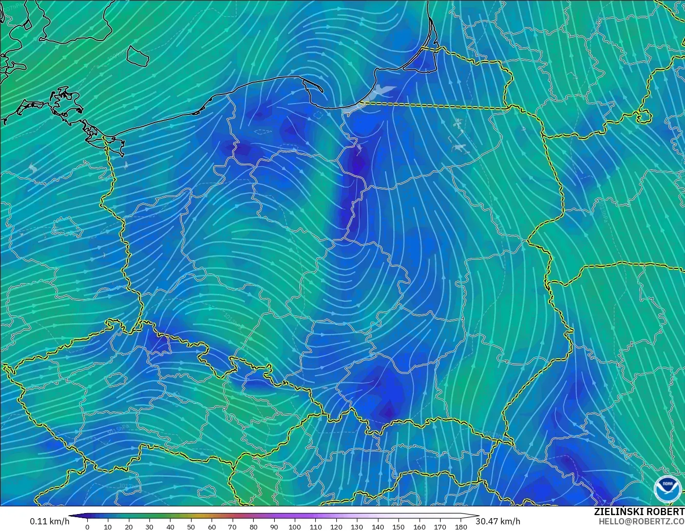 GFS model - Poland, Wind at 10m