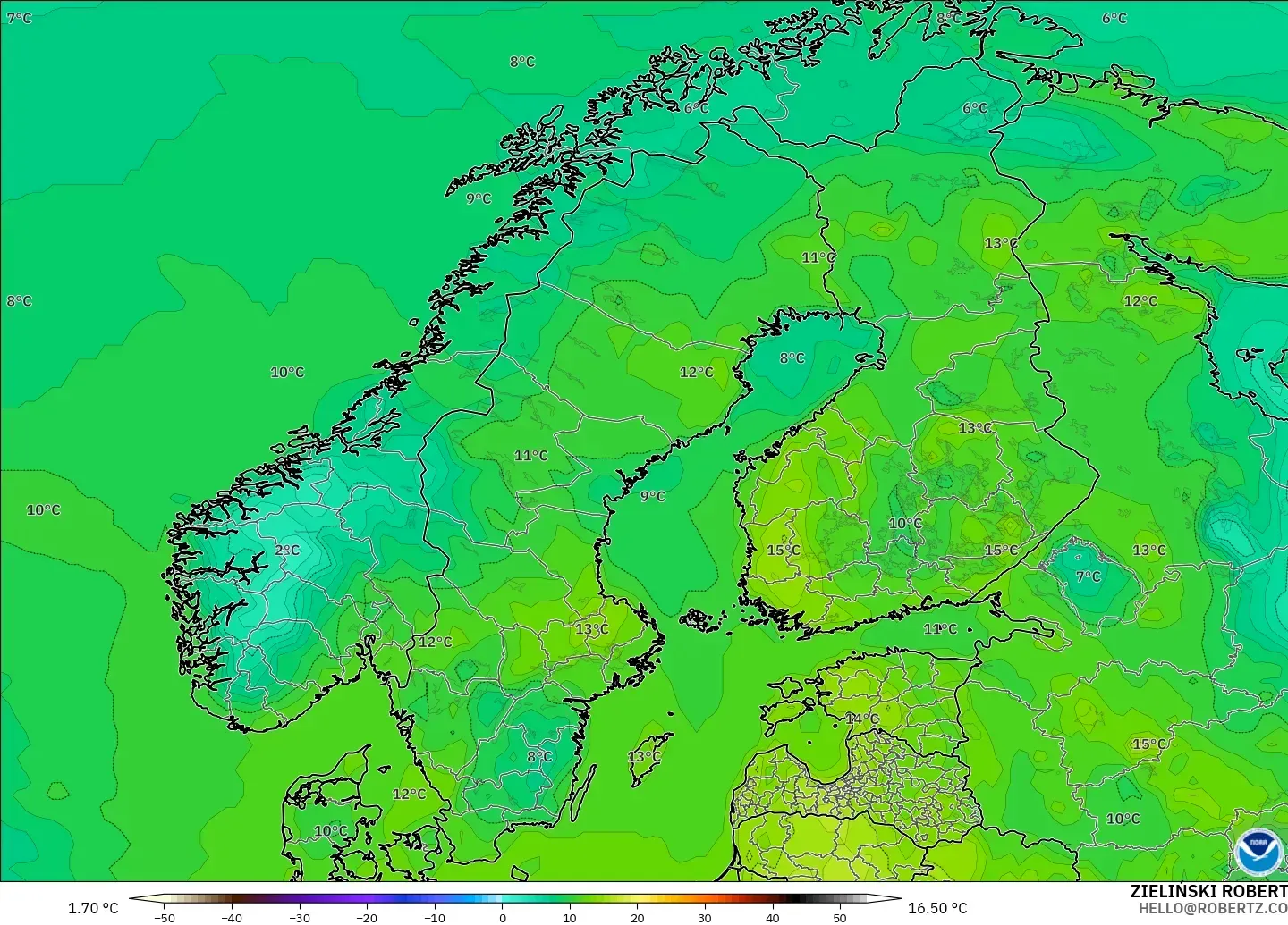 GFS model - Scandinavia, Dewpoint at 2m