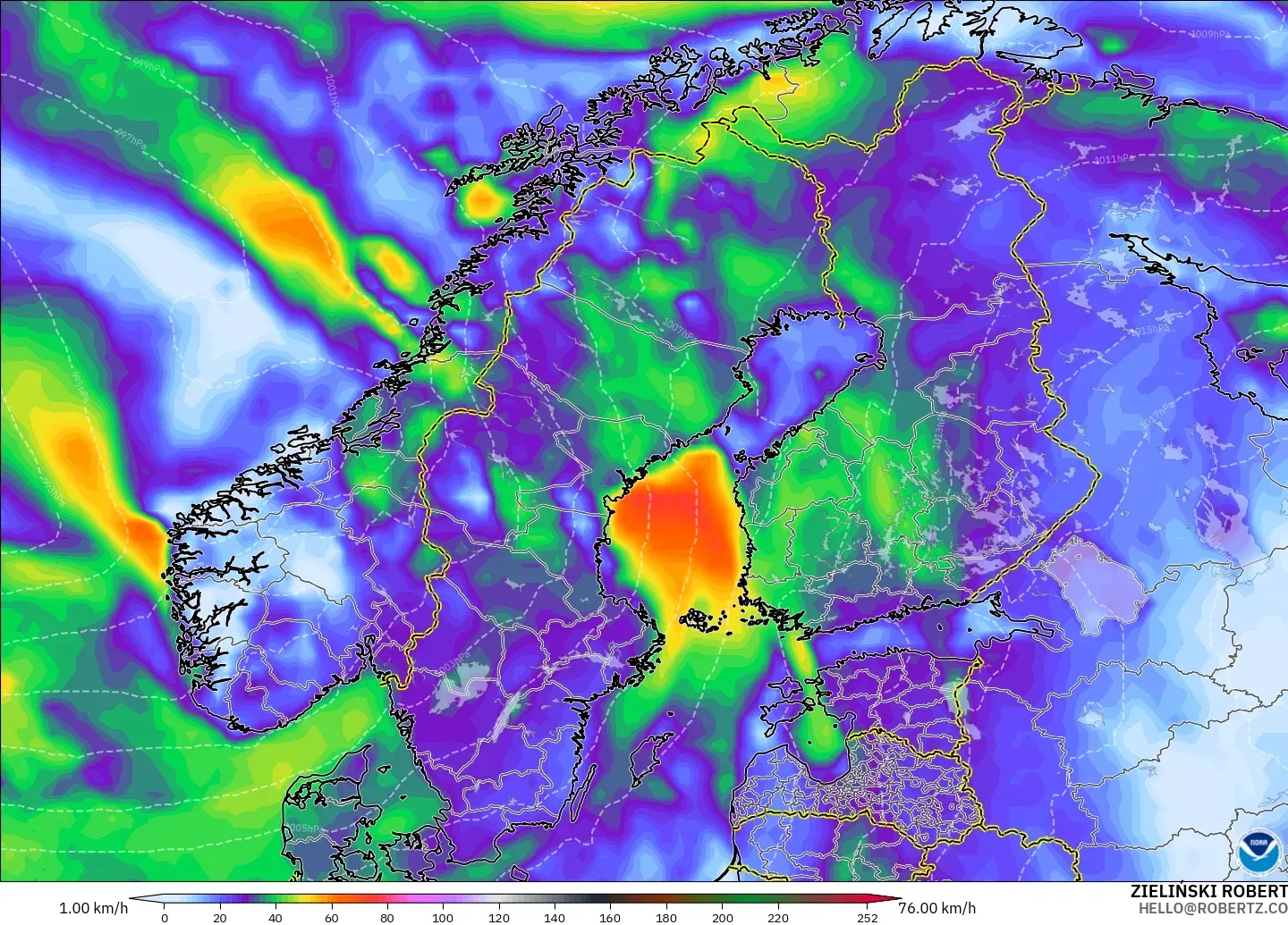 GFS model - Scandinavia, Wind Gusts
