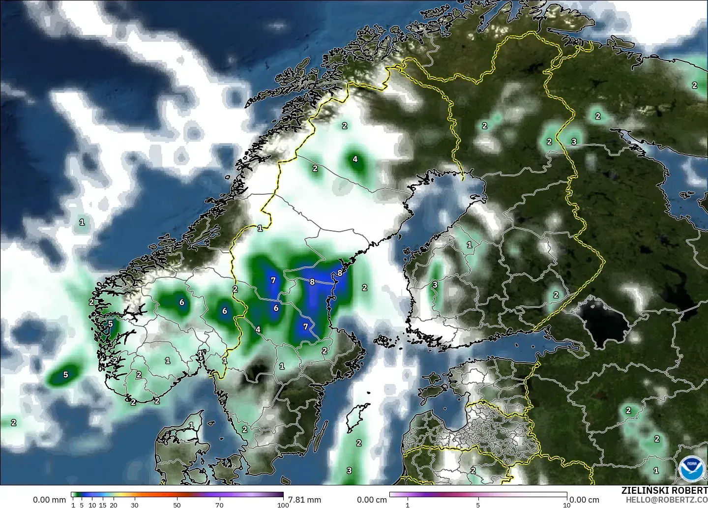 GFS model - Scandinavia, Precipitation, Clouds, and Pressure