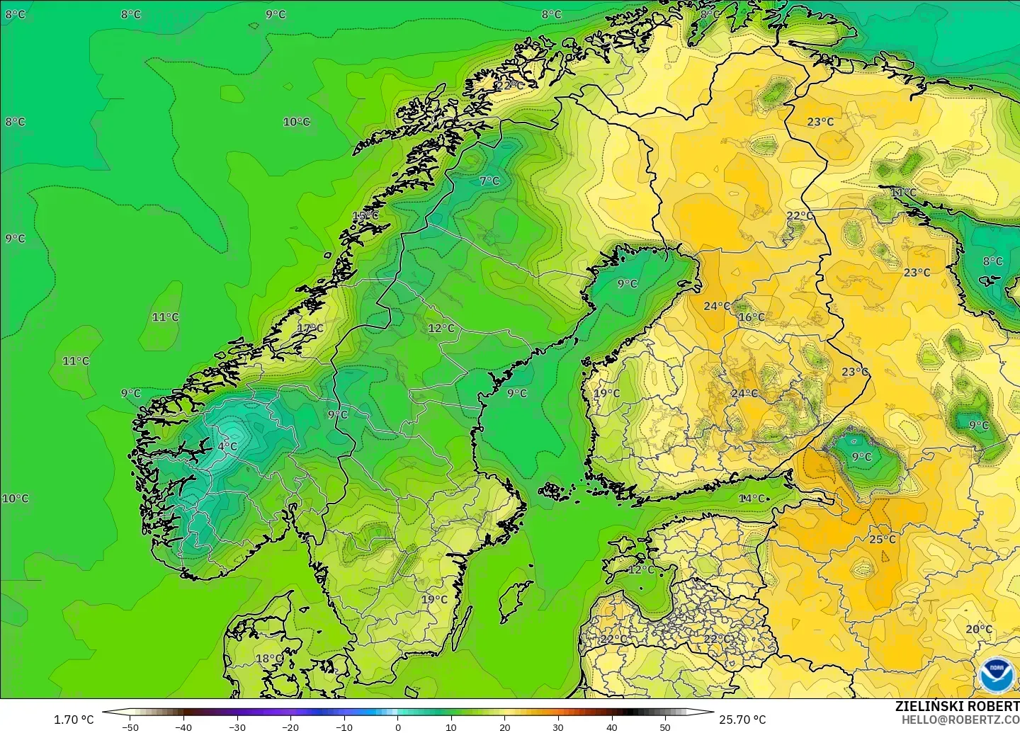GFS model - Scandinavia, Temperature at 2m