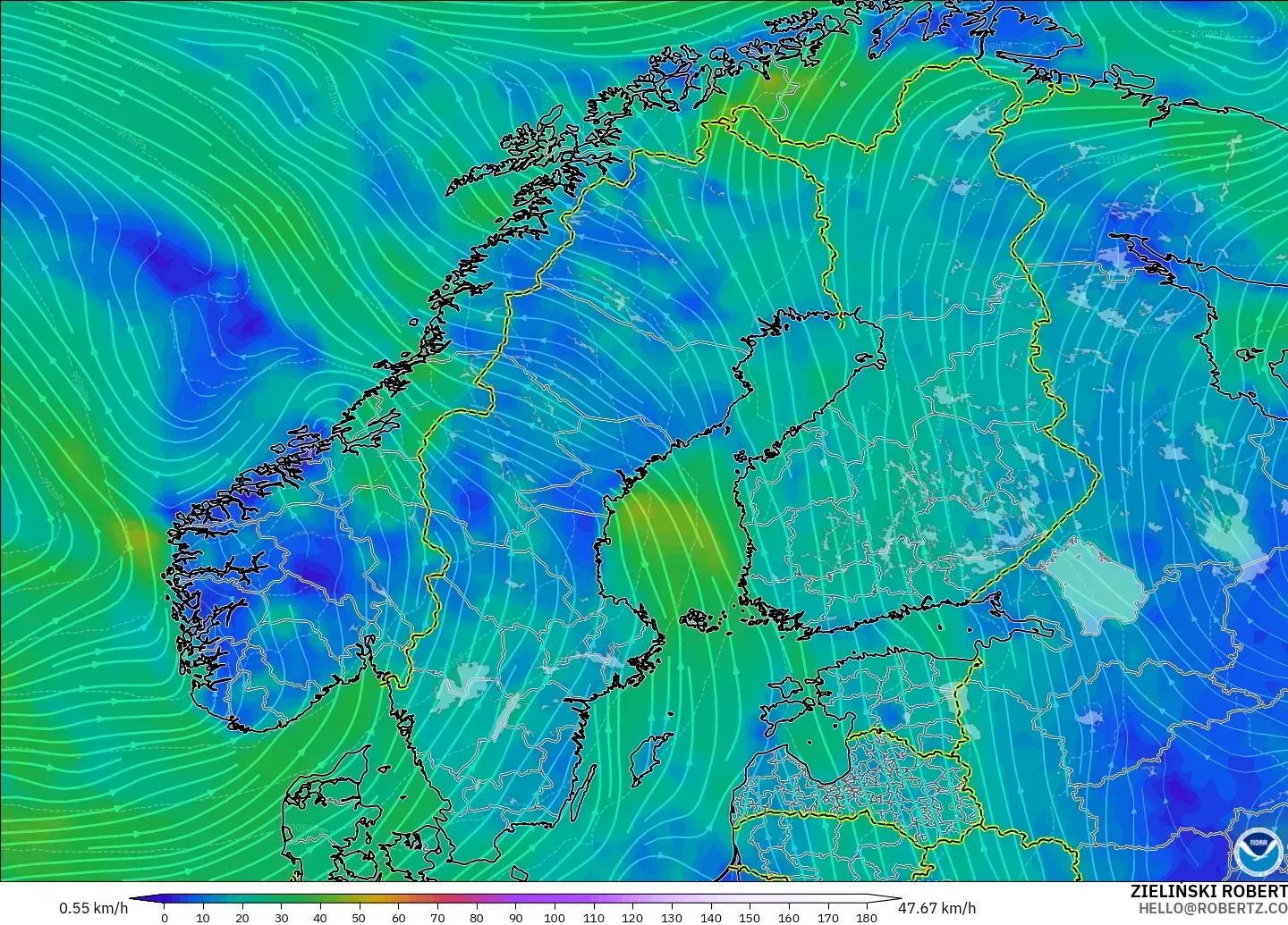 GFS model - Scandinavia, Wind at 10m