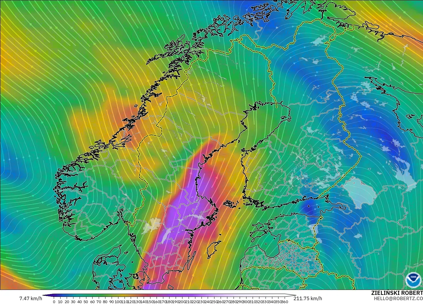 GFS model - Scandinavia, Wind at 300hPa (jet stream)