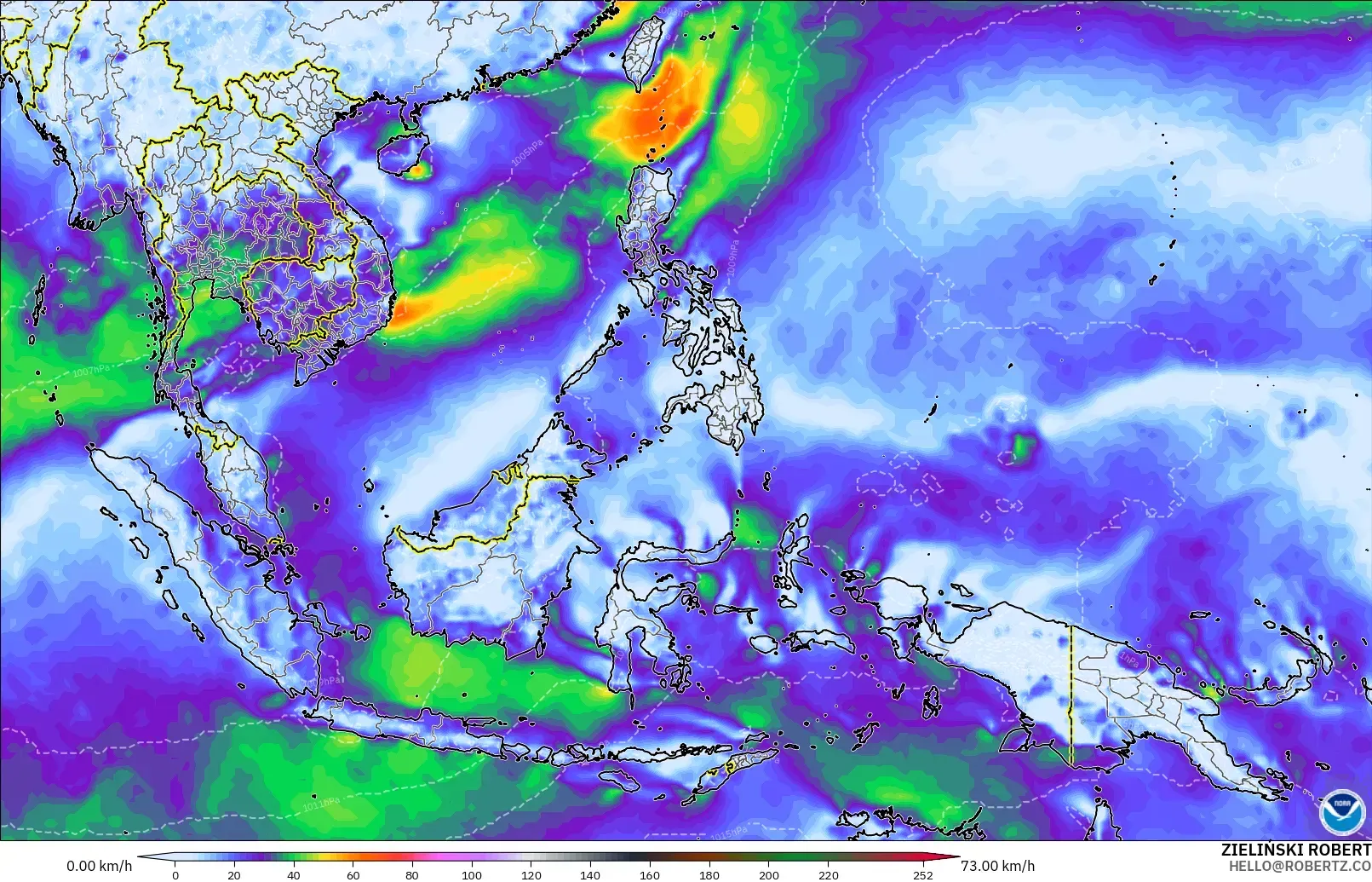 GFS model - South East Asia, Wind Gusts Peak