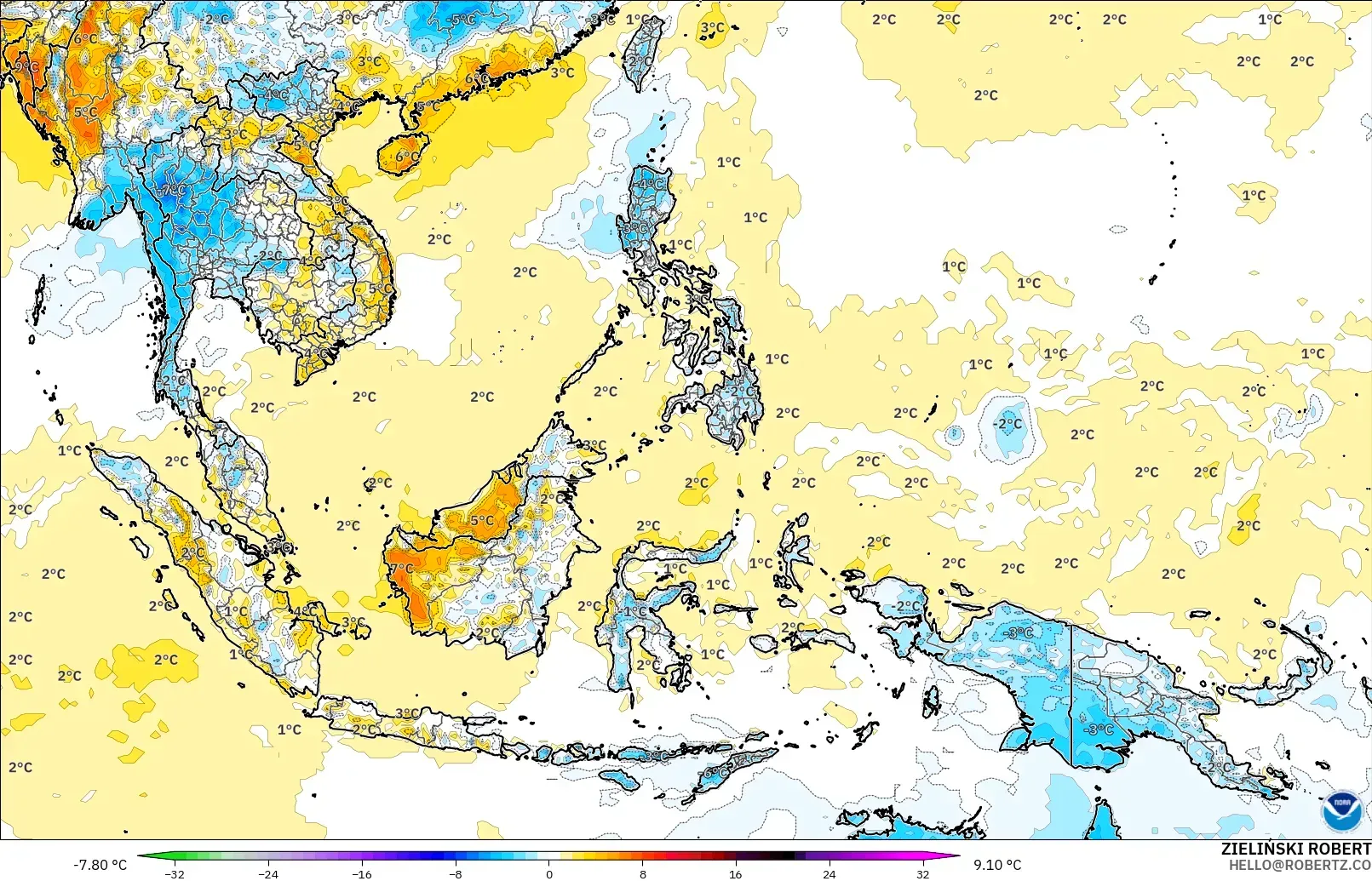 GFS model - South East Asia, Temperature at 2m Anomaly