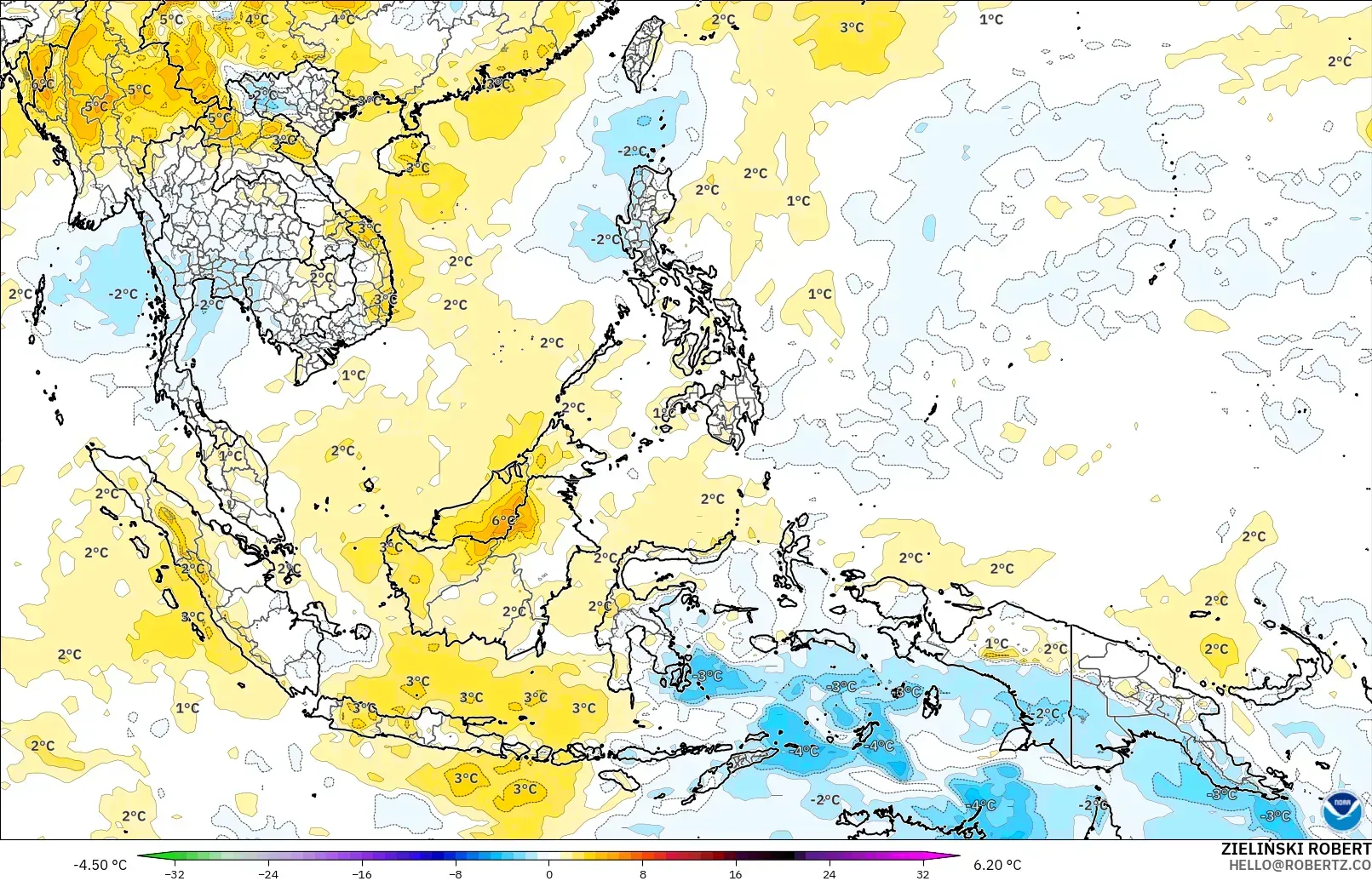 GFS model - South East Asia, Temperature at 850hPa Anomaly