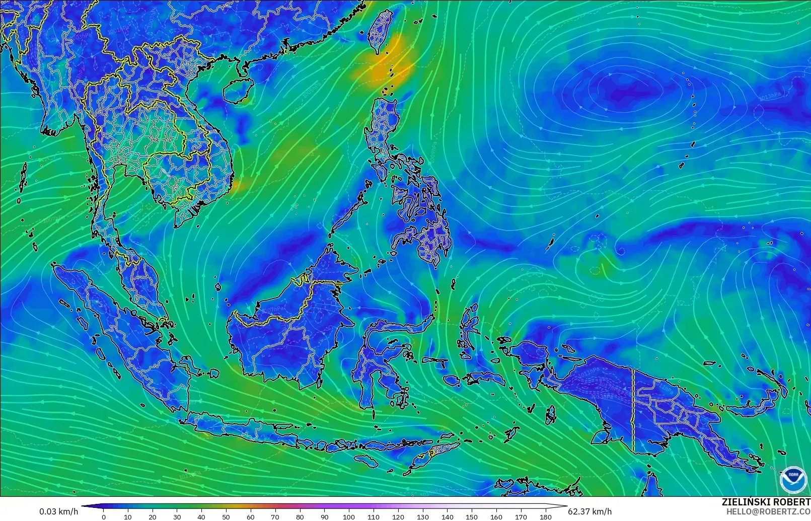 GFS model - South East Asia, Wind at 10m