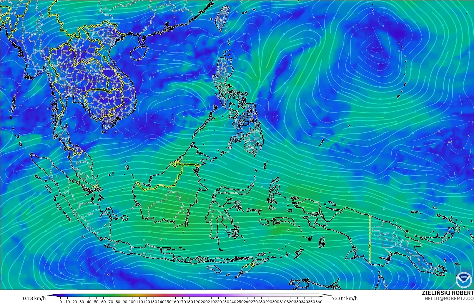 GFS model - South East Asia, Wind at 300hPa (jet stream)