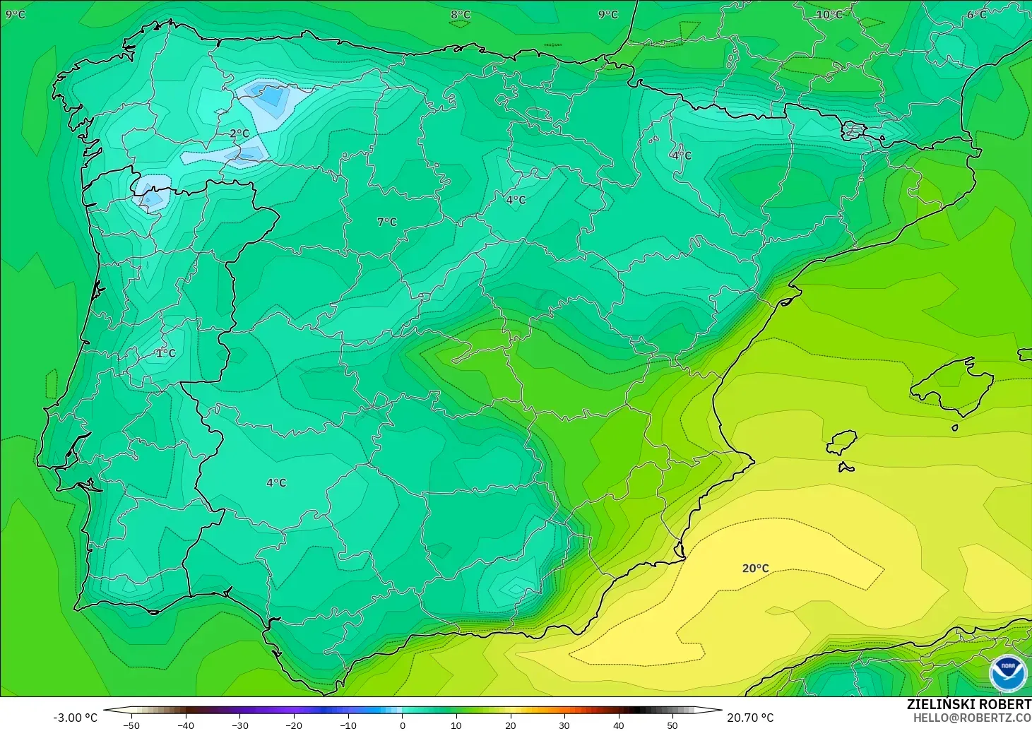 GFS model - Spain, Dewpoint at 2m