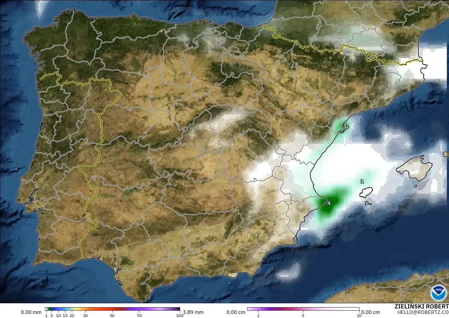 GFS model - Spain, Precipitation, Clouds, and Pressure