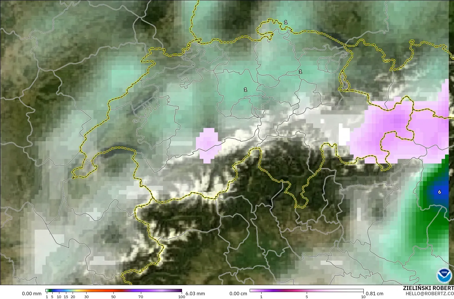 GFS model - Switzerland, Precipitation, Clouds, and Pressure