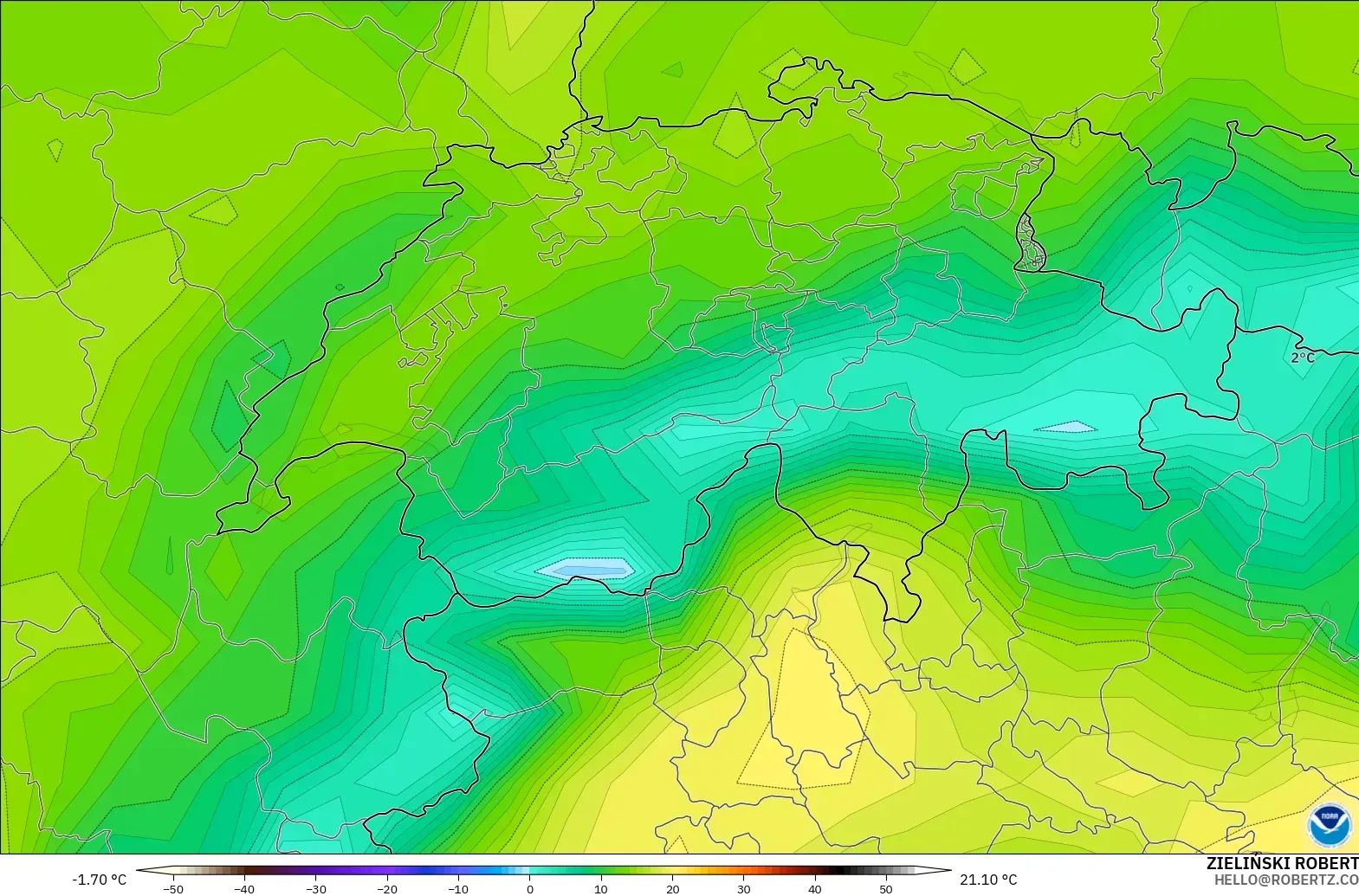 GFS model - Switzerland, Temperature at 2m