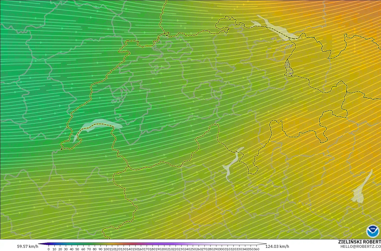 GFS model - Switzerland, Wind at 300hPa (jet stream)