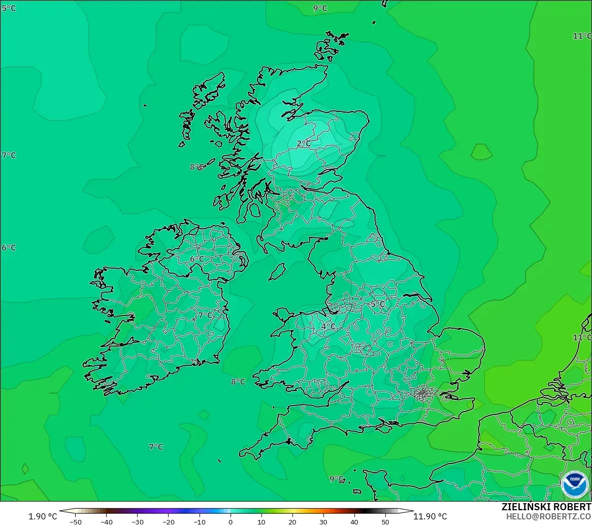 GFS model - United Kingdom, Dewpoint at 2m
