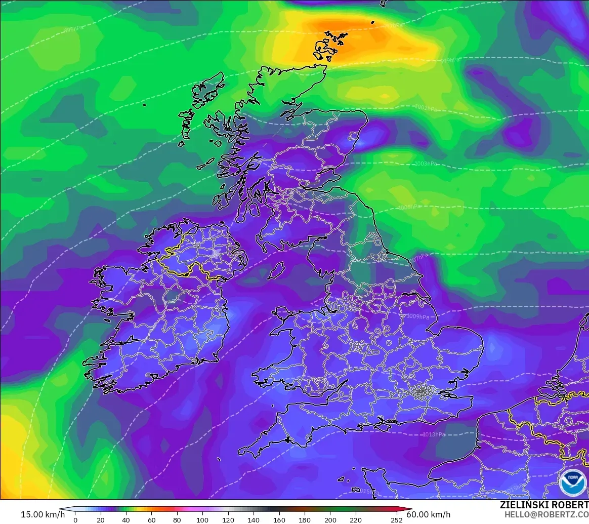 GFS model - United Kingdom, Wind Gusts