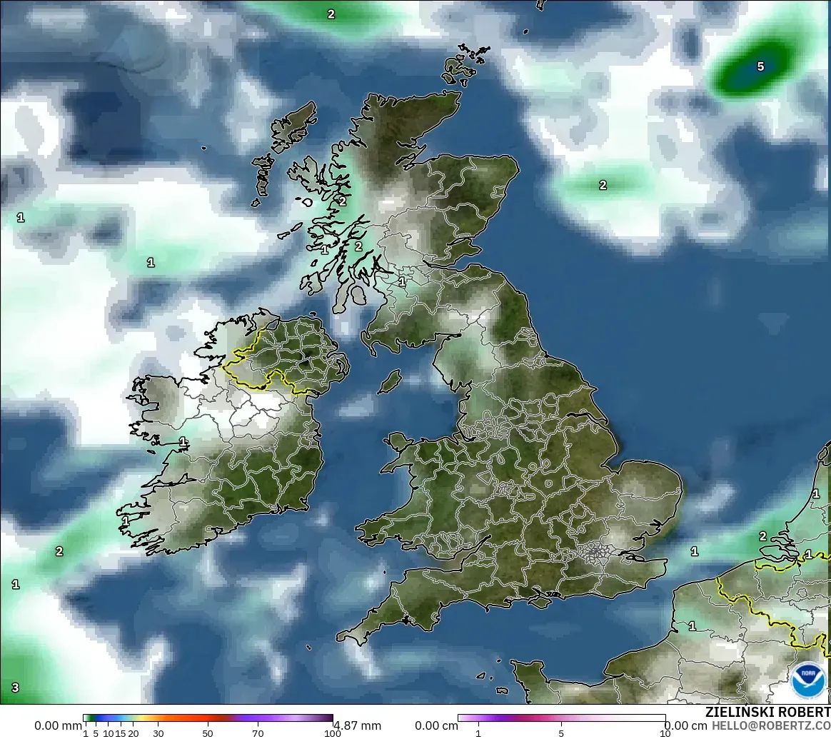 GFS model - United Kingdom, Precipitation, Clouds, and Pressure